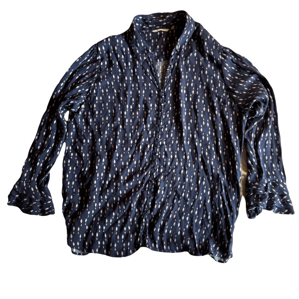 Soft Surroundings Flare Ruffle Sleeves Button Up Blouse, Navy White, Size 2X